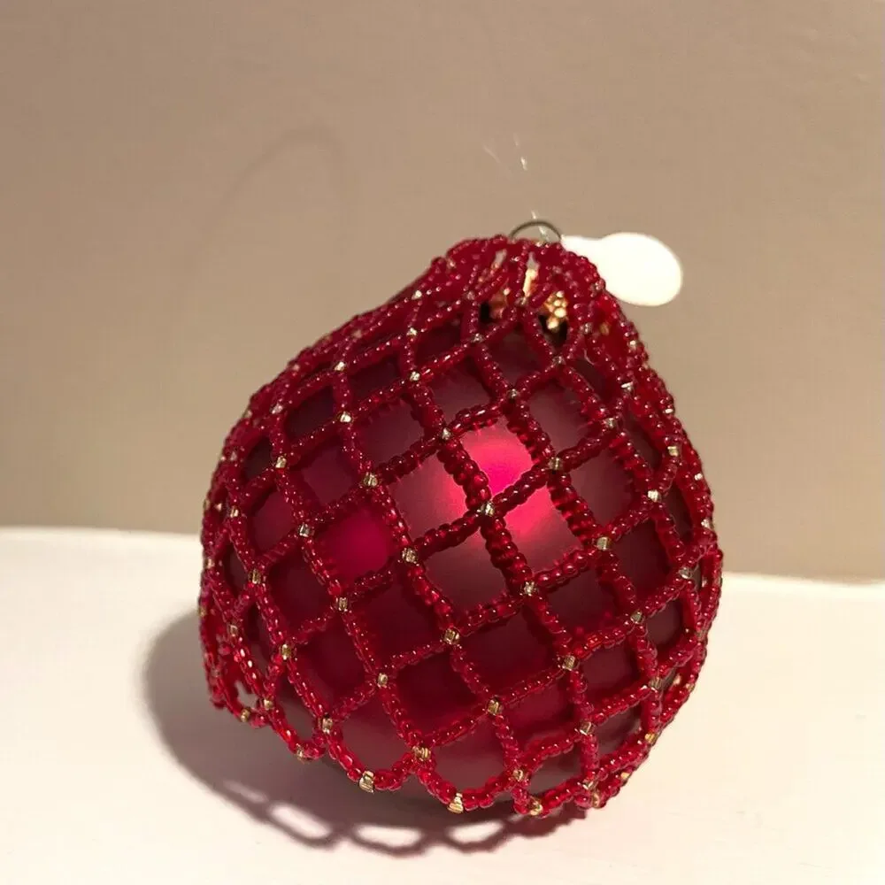 2 Beaded Christmas Ornaments - Gold, Red, Mesh Beaded, Holiday, Tree Decoration
